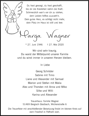 Anzeige von Marga Wagner von  Bergisches Handelsblatt 