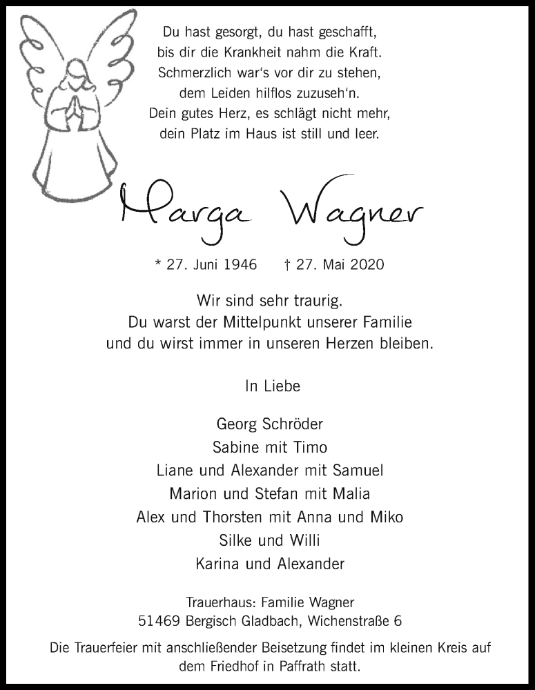  Traueranzeige für Marga Wagner vom 06.06.2020 aus Kölner Stadt-Anzeiger / Kölnische Rundschau / Express