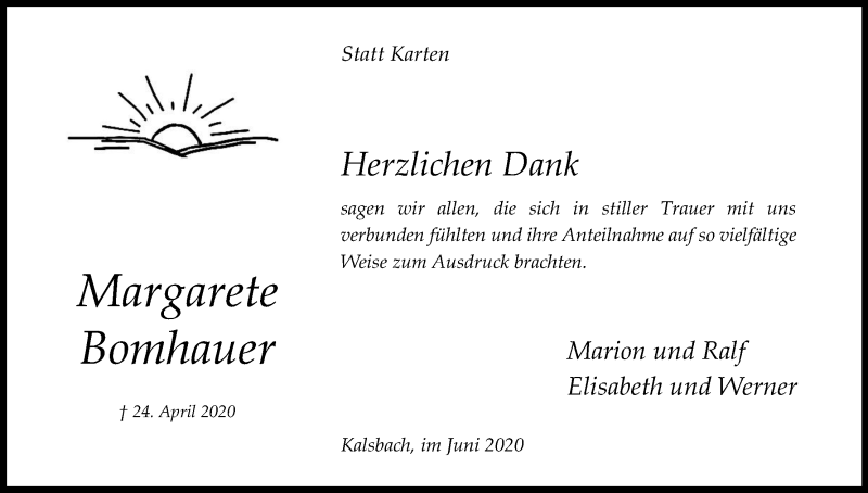 Traueranzeige für Margarete Bomhauer vom 06.06.2020 aus Kölner Stadt-Anzeiger / Kölnische Rundschau / Express