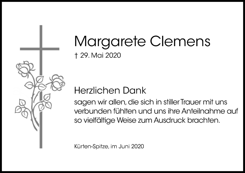  Traueranzeige für Margarete Clemens vom 20.06.2020 aus Kölner Stadt-Anzeiger / Kölnische Rundschau / Express