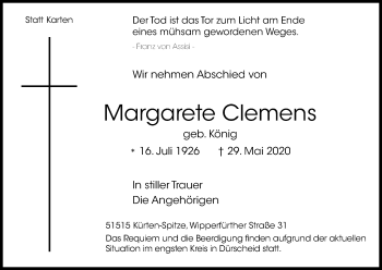 Anzeige von Margarete Clemens von Kölner Stadt-Anzeiger / Kölnische Rundschau / Express