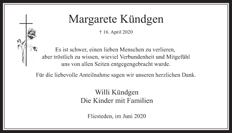  Traueranzeige für Margarete Kündgen vom 05.06.2020 aus  Werbepost 
