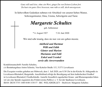Anzeige von Margarete Schultes von Kölner Stadt-Anzeiger / Kölnische Rundschau / Express