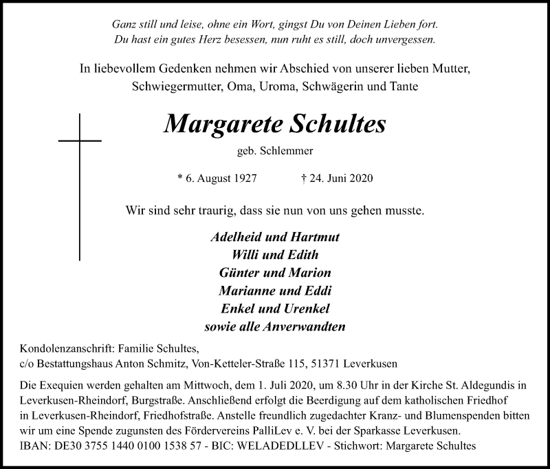  Traueranzeige für Margarete Schultes vom 27.06.2020 aus Kölner Stadt-Anzeiger / Kölnische Rundschau / Express