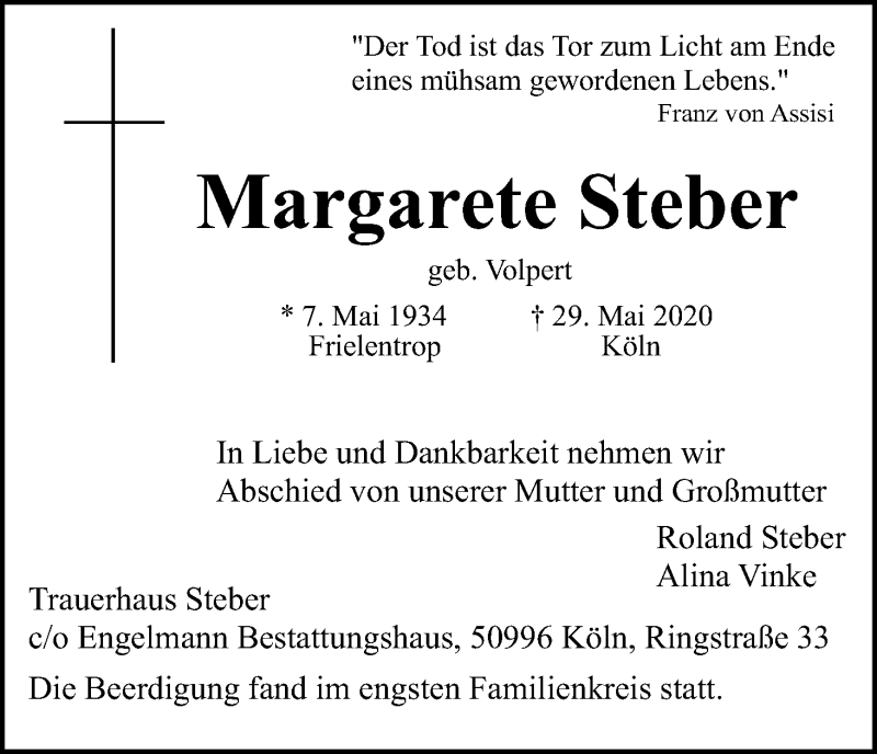  Traueranzeige für Margarete Steber vom 06.06.2020 aus Kölner Stadt-Anzeiger / Kölnische Rundschau / Express