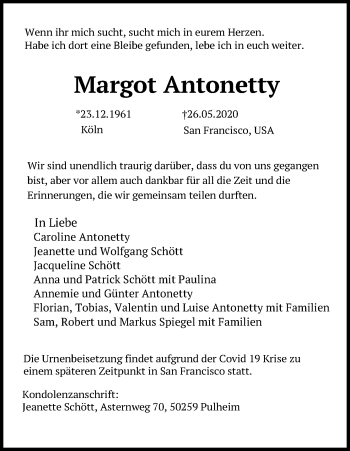 Anzeige von Margot Antonetty von Kölner Stadt-Anzeiger / Kölnische Rundschau / Express