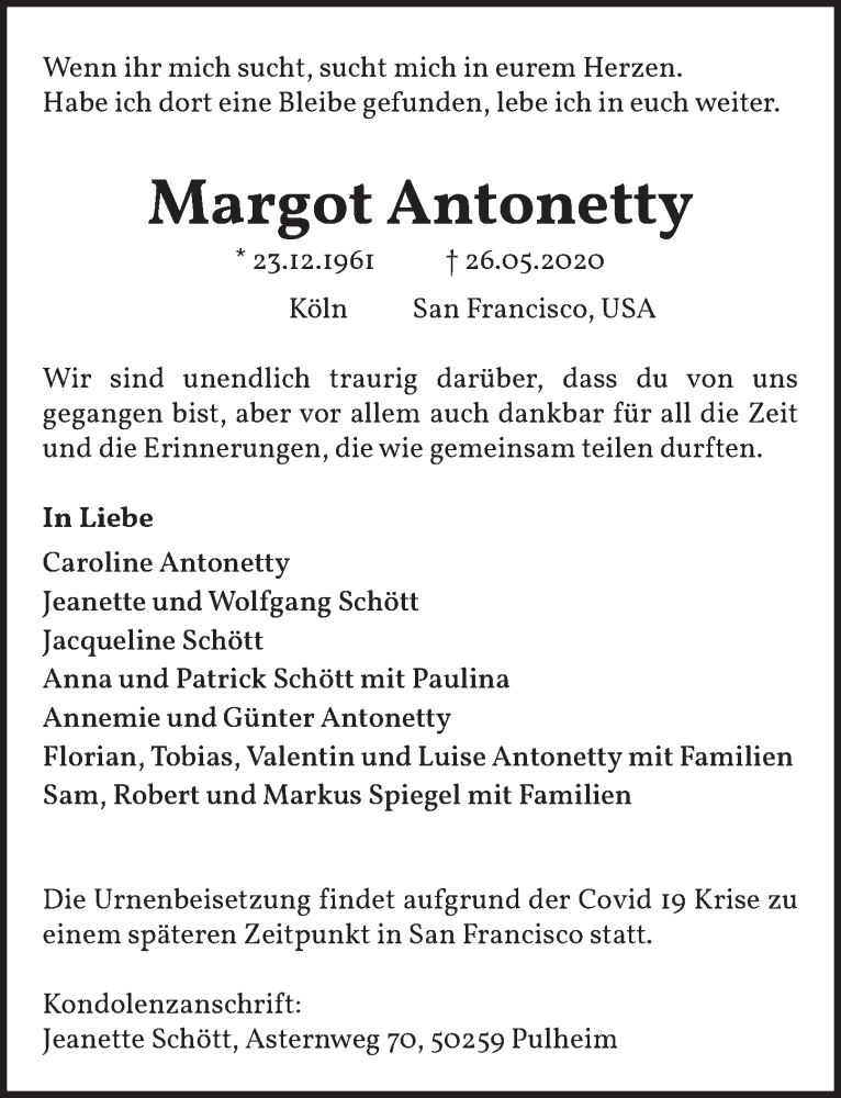  Traueranzeige für Margot Antonetty vom 12.06.2020 aus  Wochenende 