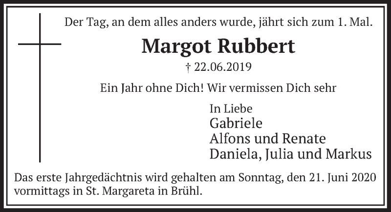  Traueranzeige für Margot Rubbert vom 19.06.2020 aus  Schlossbote/Werbekurier 