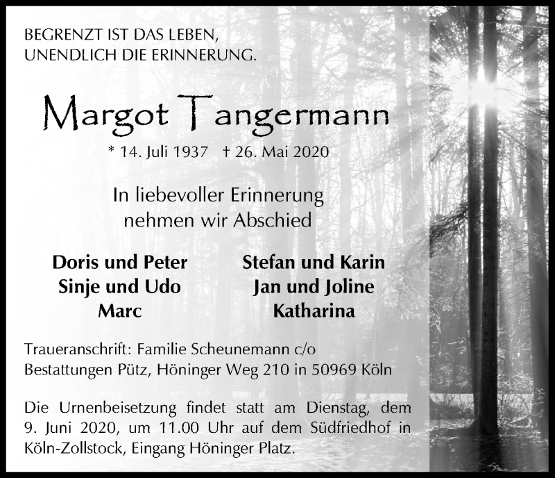  Traueranzeige für Margot Tangermann vom 03.06.2020 aus Kölner Stadt-Anzeiger / Kölnische Rundschau / Express