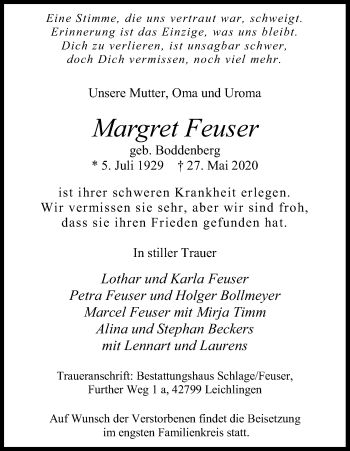 Anzeige von Margret Feuser von Kölner Stadt-Anzeiger / Kölnische Rundschau / Express
