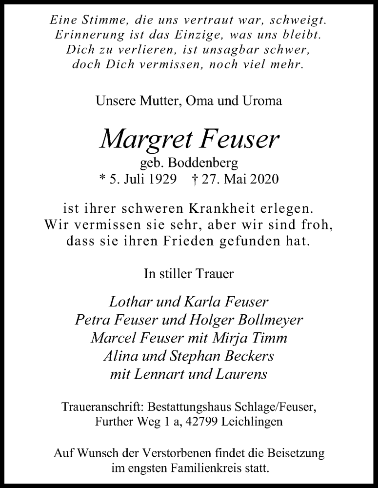  Traueranzeige für Margret Feuser vom 06.06.2020 aus Kölner Stadt-Anzeiger / Kölnische Rundschau / Express