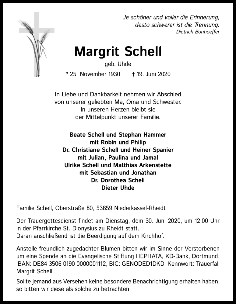  Traueranzeige für Margrit Schell vom 27.06.2020 aus Kölner Stadt-Anzeiger / Kölnische Rundschau / Express