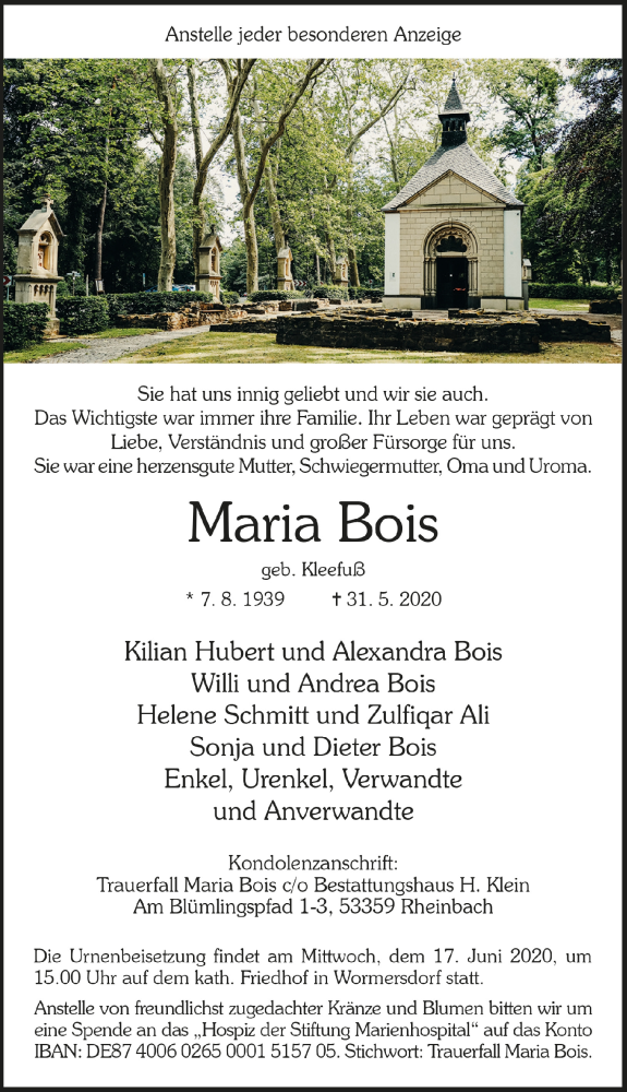  Traueranzeige für Maria Bois vom 12.06.2020 aus  Schaufenster/Blickpunkt 