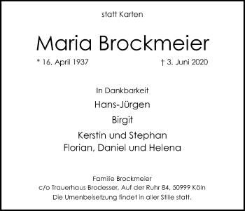 Anzeige von Maria Brockmeier von Kölner Stadt-Anzeiger / Kölnische Rundschau / Express