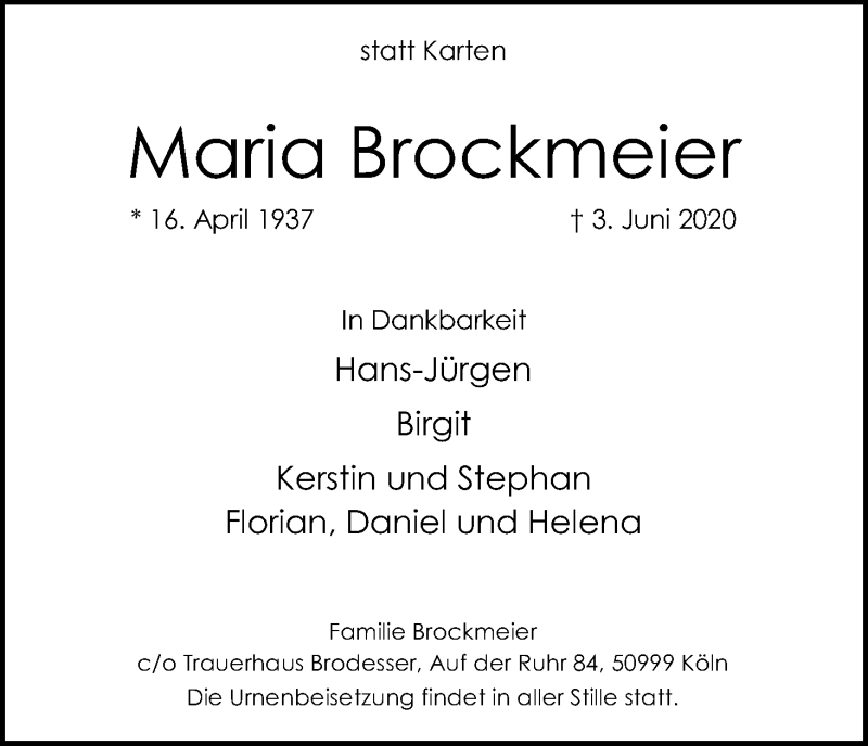  Traueranzeige für Maria Brockmeier vom 13.06.2020 aus Kölner Stadt-Anzeiger / Kölnische Rundschau / Express