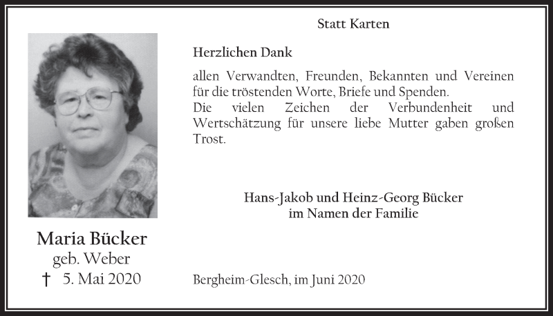  Traueranzeige für Maria Bücker vom 05.06.2020 aus  Werbepost 