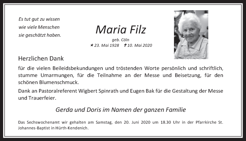  Traueranzeige für Maria Filz vom 12.06.2020 aus  Wochenende 