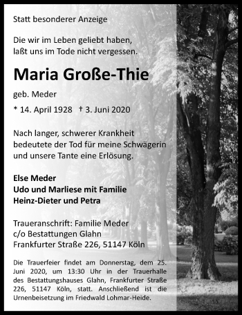 Anzeige von Maria Große-Thie von  Kölner Wochenspiegel 