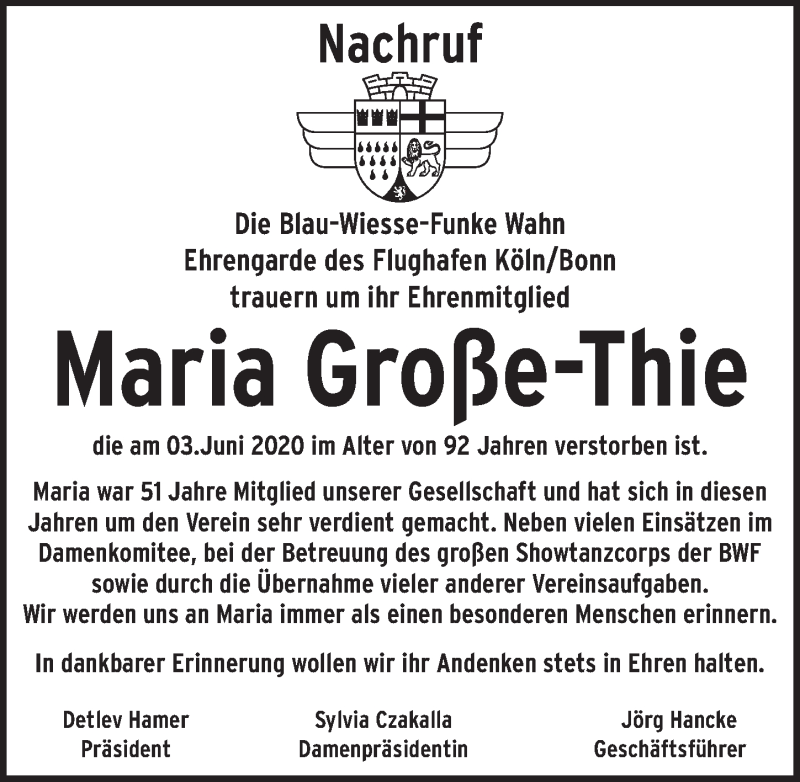  Traueranzeige für Maria Große-Thie vom 26.06.2020 aus  Kölner Wochenspiegel 