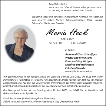 Anzeige von Maria Hack von  Blickpunkt Euskirchen 