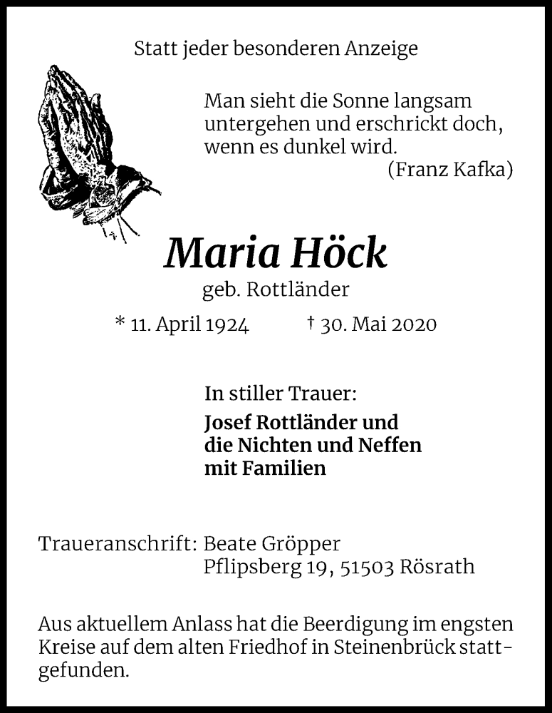  Traueranzeige für Maria Höck vom 06.06.2020 aus Kölner Stadt-Anzeiger / Kölnische Rundschau / Express