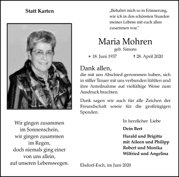 Anzeige von Maria Mohren von Kölner Stadt-Anzeiger / Kölnische Rundschau / Express