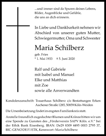 Anzeige von Maria Schilberz von Kölner Stadt-Anzeiger / Kölnische Rundschau / Express