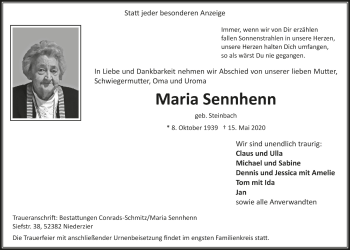 Anzeige von Maria Sennhenn von  Bergisches Handelsblatt 