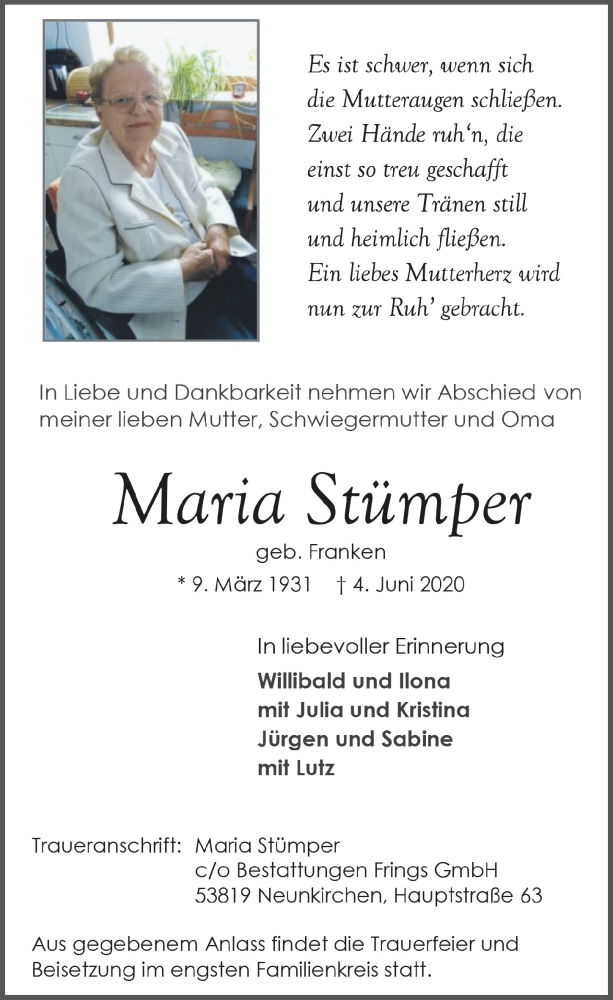  Traueranzeige für Maria Stümper vom 12.06.2020 aus  Extra Blatt 