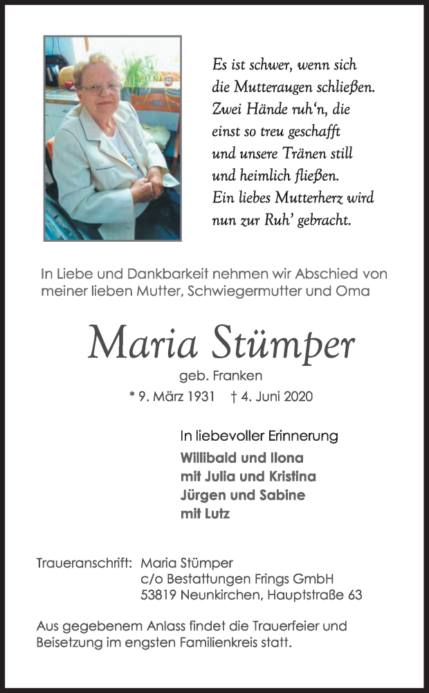  Traueranzeige für Maria Stümper vom 06.06.2020 aus Kölner Stadt-Anzeiger / Kölnische Rundschau / Express