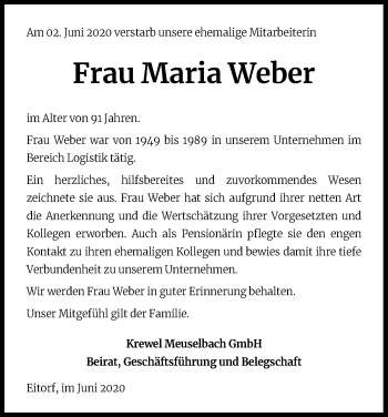 Anzeige von Maria Weber von Kölner Stadt-Anzeiger / Kölnische Rundschau / Express
