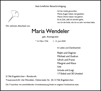 Anzeige von Maria Wendeler von  Anzeigen Echo 