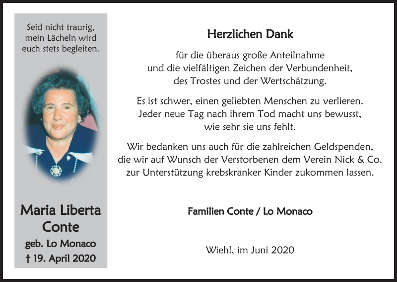  Traueranzeige für Maria Liberta Conte vom 20.06.2020 aus Kölner Stadt-Anzeiger / Kölnische Rundschau / Express