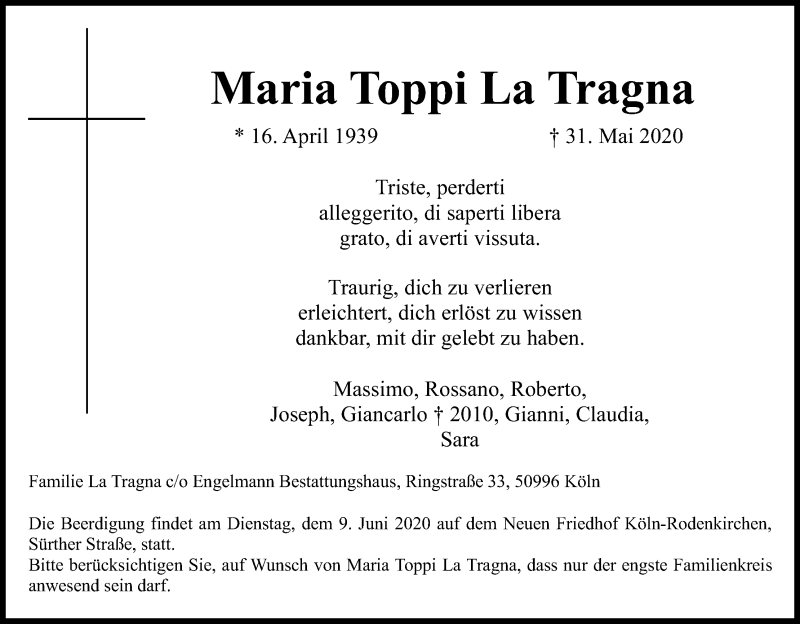  Traueranzeige für Maria Toppi La Tragna vom 06.06.2020 aus Kölner Stadt-Anzeiger / Kölnische Rundschau / Express
