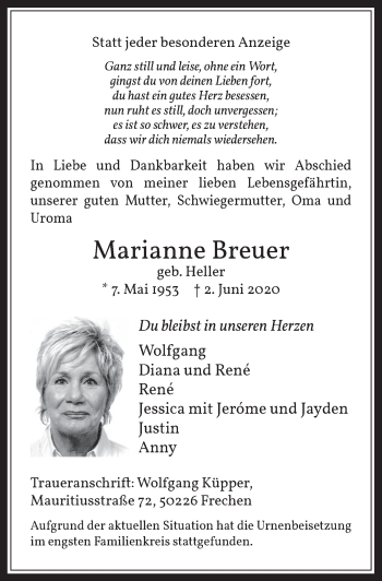 Anzeige von Marianne Breuer von  Wochenende 