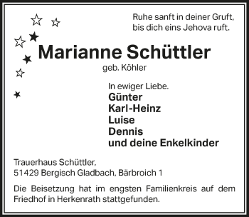 Anzeige von Marianne Schüttler von  Bergisches Handelsblatt 