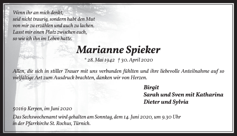  Traueranzeige für Marianne Spieker vom 05.06.2020 aus  Werbepost 
