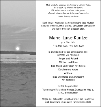 Anzeige von Marie-Luise Kuntze von Kölner Stadt-Anzeiger / Kölnische Rundschau / Express