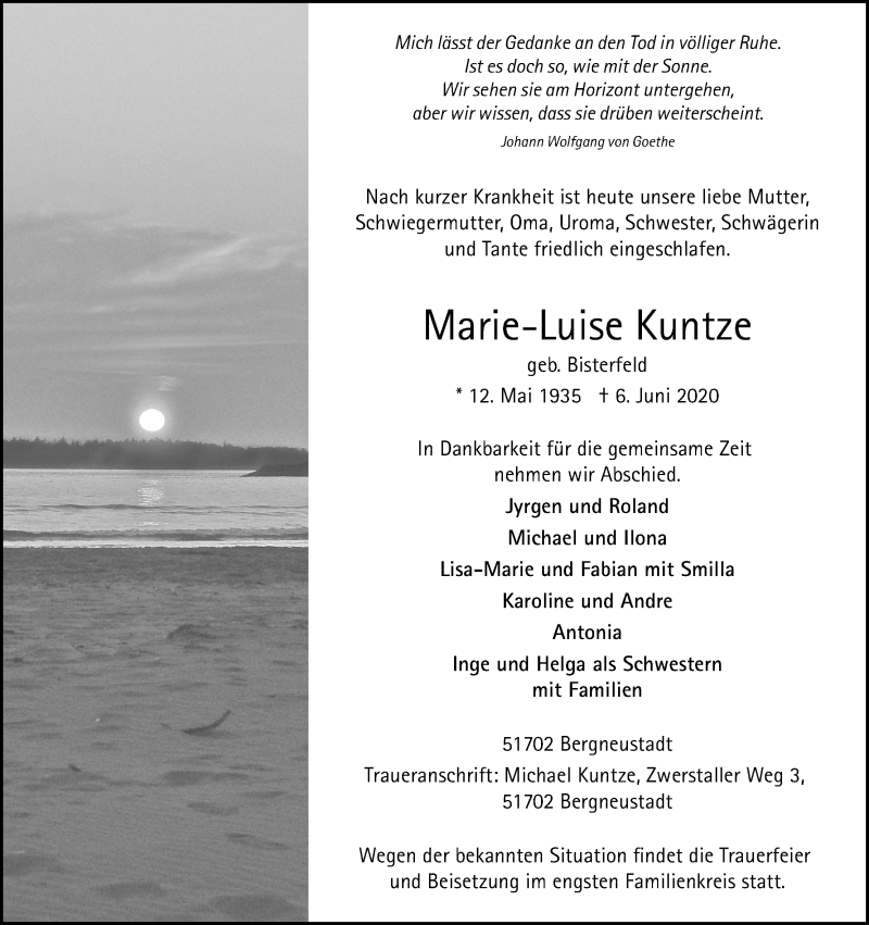  Traueranzeige für Marie-Luise Kuntze vom 13.06.2020 aus Kölner Stadt-Anzeiger / Kölnische Rundschau / Express