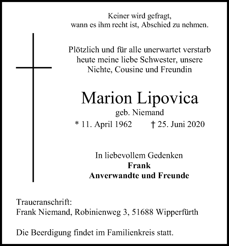  Traueranzeige für Marion Lipovica vom 27.06.2020 aus Kölner Stadt-Anzeiger / Kölnische Rundschau / Express