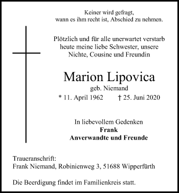 Anzeige von Marion Lipovica von Kölner Stadt-Anzeiger / Kölnische Rundschau / Express