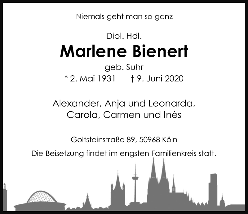  Traueranzeige für Marlene Bienert vom 20.06.2020 aus Kölner Stadt-Anzeiger / Kölnische Rundschau / Express