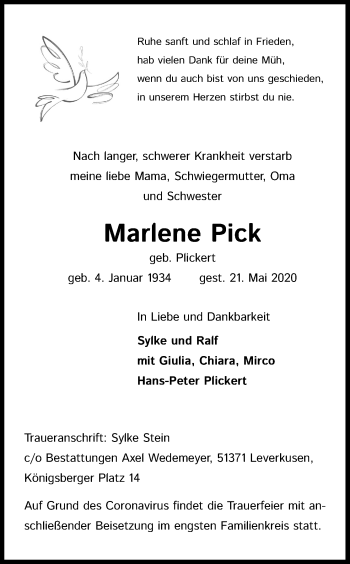 Anzeige von Marlene Pick von Kölner Stadt-Anzeiger / Kölnische Rundschau / Express