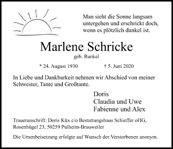 Anzeige von Marlene Schricke von Kölner Stadt-Anzeiger / Kölnische Rundschau / Express