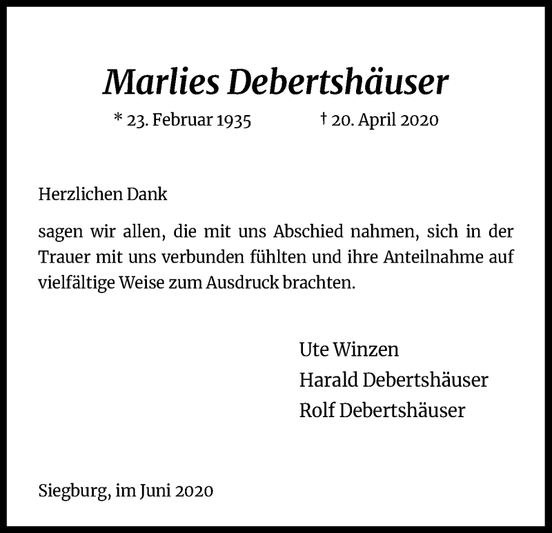  Traueranzeige für Marlies Debertshäuser vom 06.06.2020 aus Kölner Stadt-Anzeiger / Kölnische Rundschau / Express