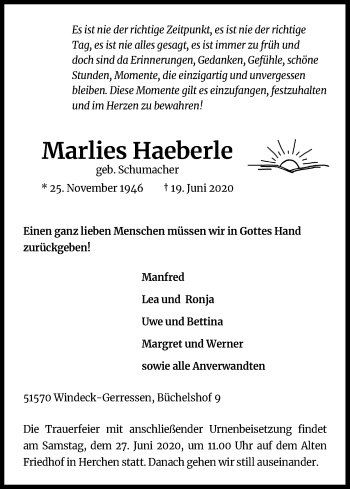 Anzeige von Marlies Haeberle von Kölner Stadt-Anzeiger / Kölnische Rundschau / Express