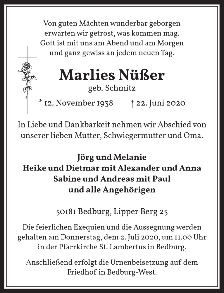  Traueranzeige für Marlies Nüßer vom 26.06.2020 aus  Werbepost 