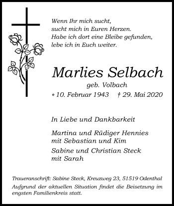 Anzeige von Marlies Selbach von Kölner Stadt-Anzeiger / Kölnische Rundschau / Express