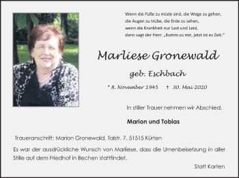 Anzeige von Marliese Gronewald von Kölner Stadt-Anzeiger / Kölnische Rundschau / Express