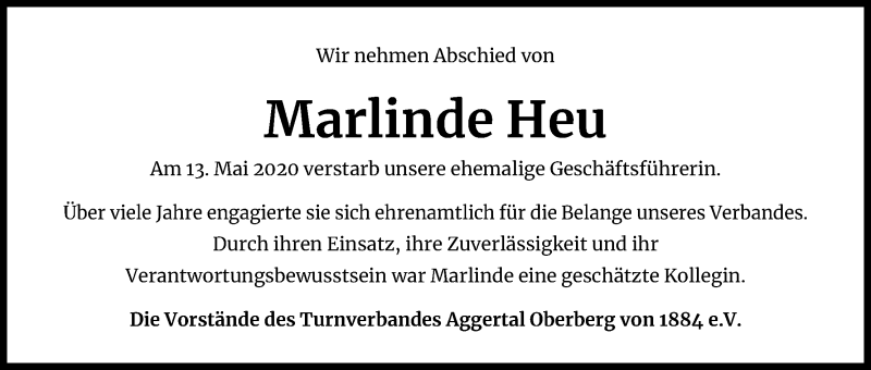  Traueranzeige für Marlinde Heu vom 13.06.2020 aus Kölner Stadt-Anzeiger / Kölnische Rundschau / Express
